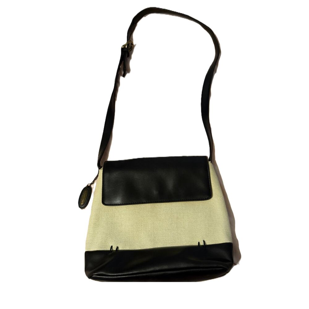 Liz Claiborne Purse Black Ivory Canvas PVC Shoulder Bag Crossbody Chic Vintage